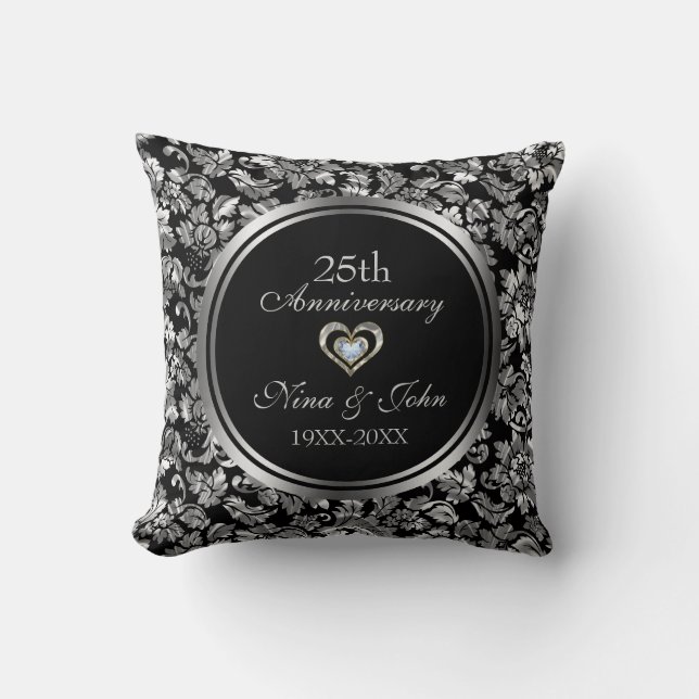Black And Metallic Silver 25th Wedding Anniversary Cushion (Front)