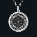 Black And Metallic Silver 25th Wedding Anniversary Silver Plated Necklace<br><div class="desc">Elegant black and metallic silver grey vintage floral damasks.</div>