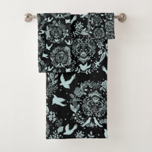Black and Mint Green Floral and Birds Bath Towel Set