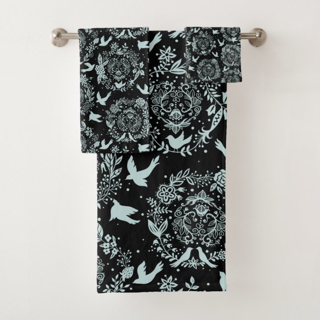 Black and Mint Green Floral and Birds Bath Towel Set (Insitu)
