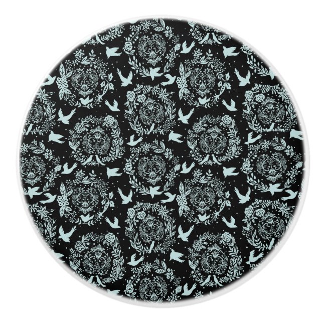 Black and Mint Green Floral and Birds Ceramic Knob (Front)