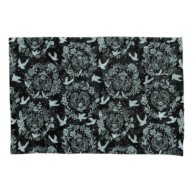 Black and Mint Green Floral and Birds Pillowcase (Front-Left)