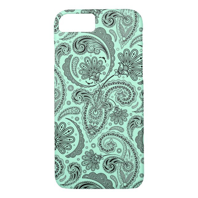 Black And Mint-Green Ornate Floral Paisley Case-Mate iPhone Case (Back)