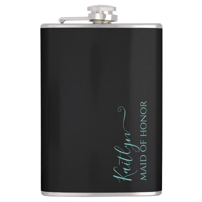 Black and Mint Modern Maid of Honour Gift Hip Flask (Front)