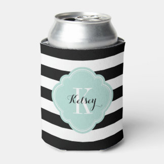 Black and Mint Preppy Stripes Monogram Can Cooler