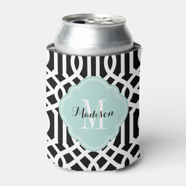 Black and Mint Trellis Monogram Can Cooler (Can Front)