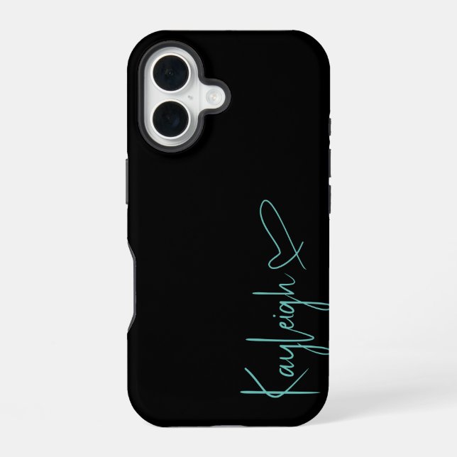 Black and Mint Vert Script Name & Heart Phone Case (Back)
