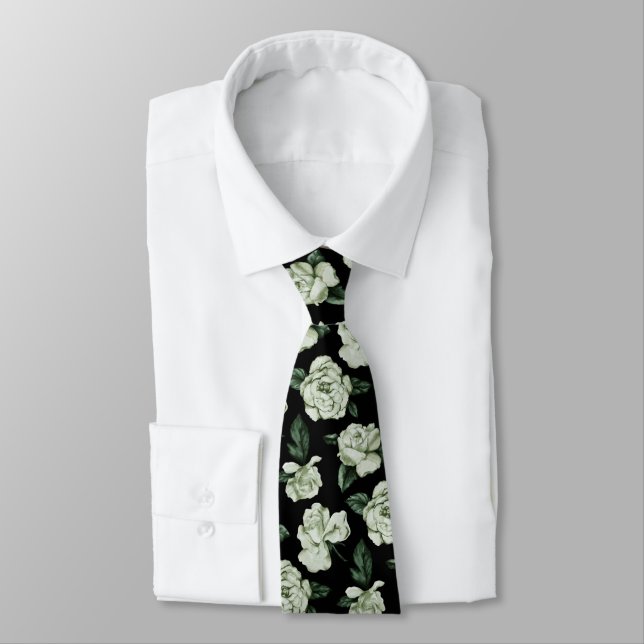 Black and Moody Elegant White Floral Pattern Tie (Tied)