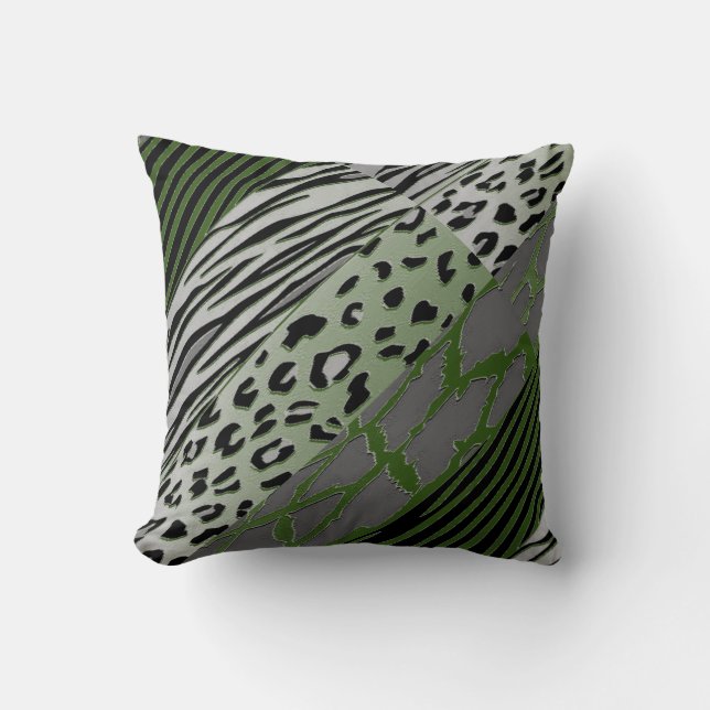 Black And Moss Animal Printed Zebra Stripe Pillow (Front)
