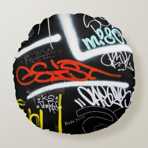 Black and multicolored graffiti art round cushion