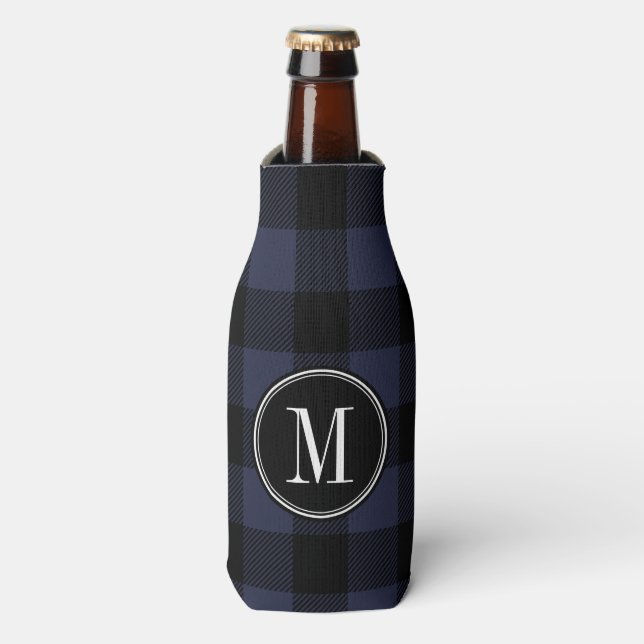 Black and Navy Buffalo Check Monogram Bottle Cooler (Bottle Front)