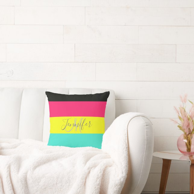 Black and Neon Colour Block Stripe Monogram Name Cushion (Couch)