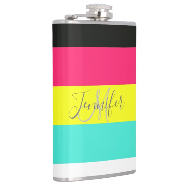 Black and Neon Colour Block Stripe Monogram Name Hip Flask (Right)