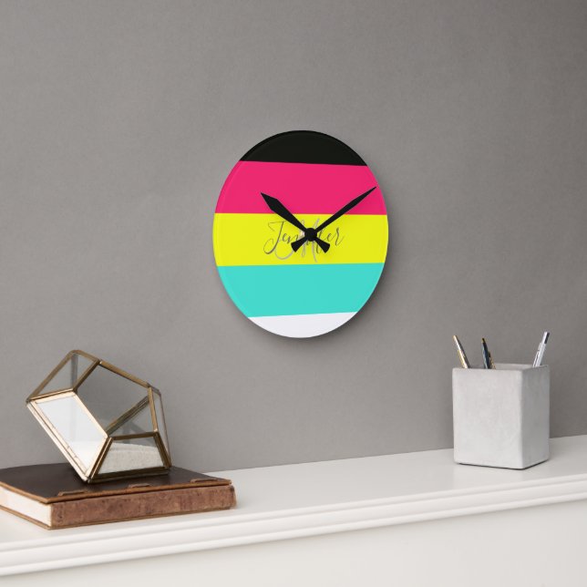 Black and Neon Colour Block Stripe Monogram Name Round Clock (Office)