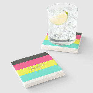 Black and Neon Colour Block Stripe Monogram Name Stone Coaster