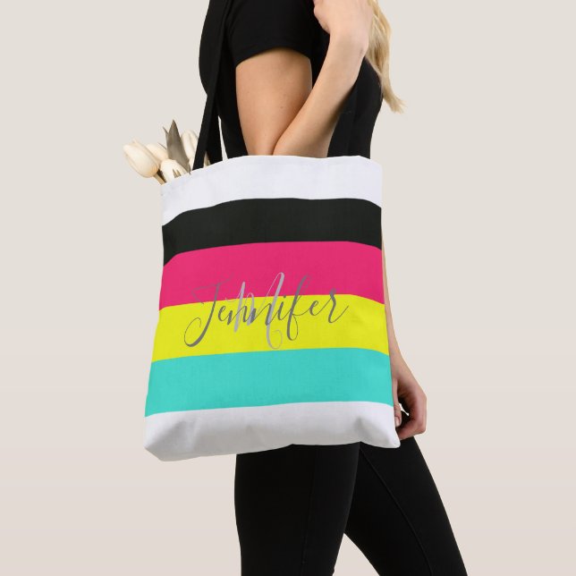 Black and Neon Colour Block Stripe Monogram Name Tote Bag (Close Up)