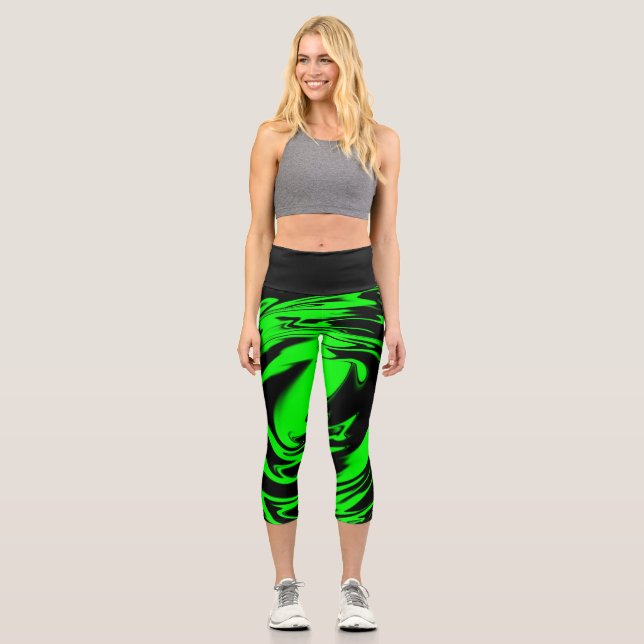 Black and neon lime green High Waisted Capris (Front)