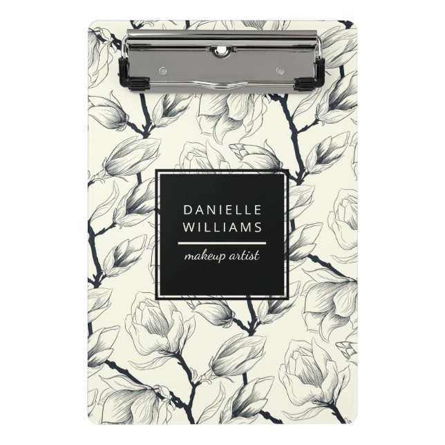 Black and Off-White Elegant Magnolia Botanical Mini Clipboard (Front)