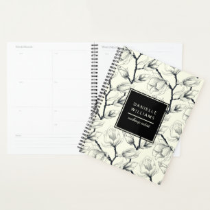 Black and Off-White Elegant Magnolia Botanical Planner