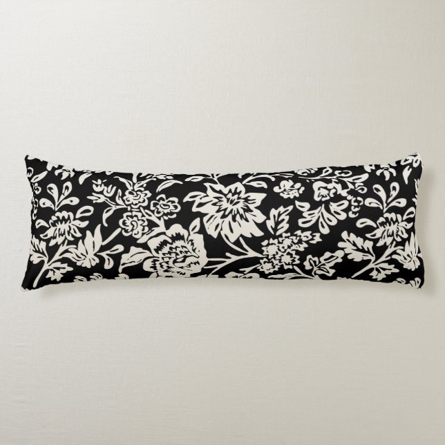 Black and Off-White Ivory Farmhouse Floral Pattern Body Cushion (Front)