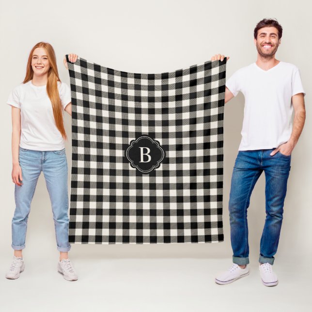 Black and Off-White Plaid Pattern and Monogram Fleece Blanket (In Situ)