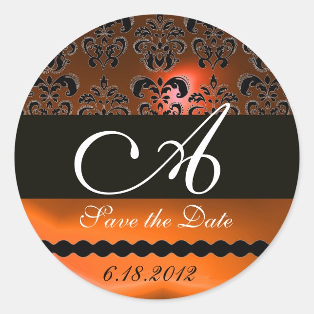 BLACK AND ORANGE AGATE DAMASK MONOGRAM, CLASSIC ROUND STICKER (Front)