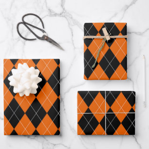 Black and Orange Argyle Wrapping Paper Sheets