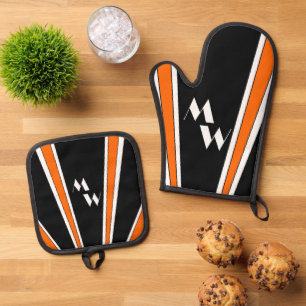Black And Orange Art Deco Design Monogrammed Oven Mitt & Pot Holder Set