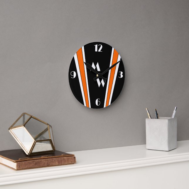 Black And Orange Art Deco Design Monogrammed Round Clock (Office)