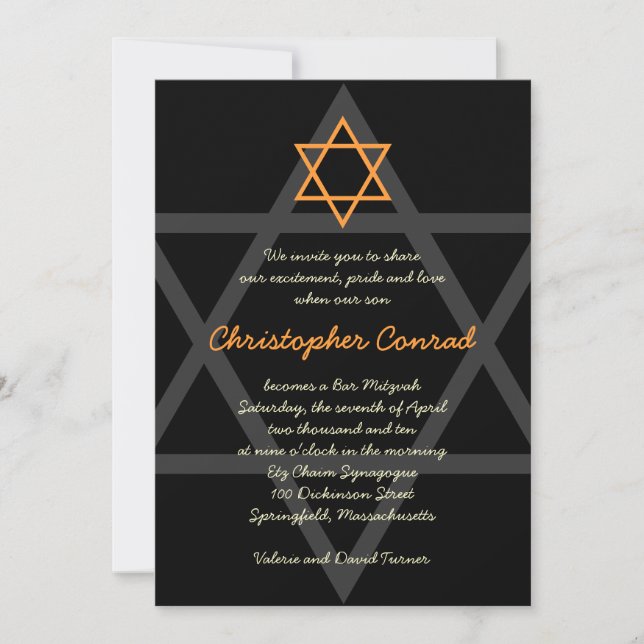 Black and Orange Bar Mitzvah Invitation (Front)