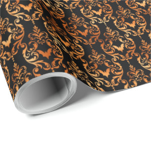 Black and Orange Bat Toile Halloween  Wrapping Paper