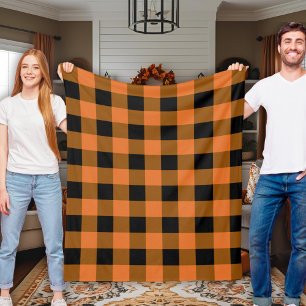 Black and Orange Buffalo Plaid Autumn Fall Fleece Blanket