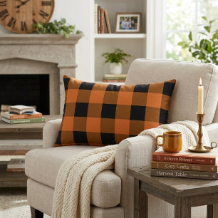 Black and Orange Buffalo Plaid Autumn Halloween Lumbar Cushion