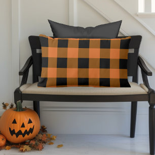 Black and Orange Buffalo Plaid Autumn Halloween Lumbar Cushion