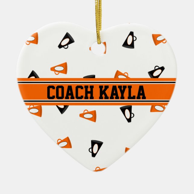 Black and Orange Cheer Megaphones Personalised Ceramic Tree Decoration (Front)