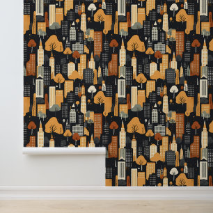 Black and Orange City Buildings in Fall Pattern Wallpaper