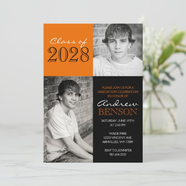 Black and Orange Classic 2 Photo Graduation Invitation (Standing Front)