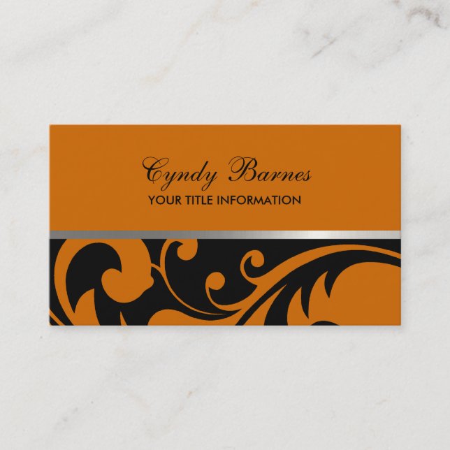 Black and Orange  Damask Business Card (Front)