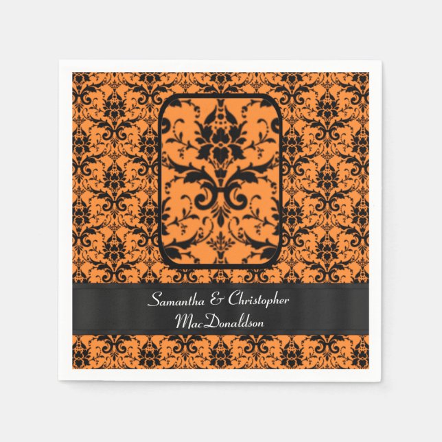 Black and orange damask pattern napkin (Front)