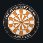 Black and Orange Dartboard with custom text<br><div class="desc">Dartboard with black and orange colours and two custom text areas on circle.</div>