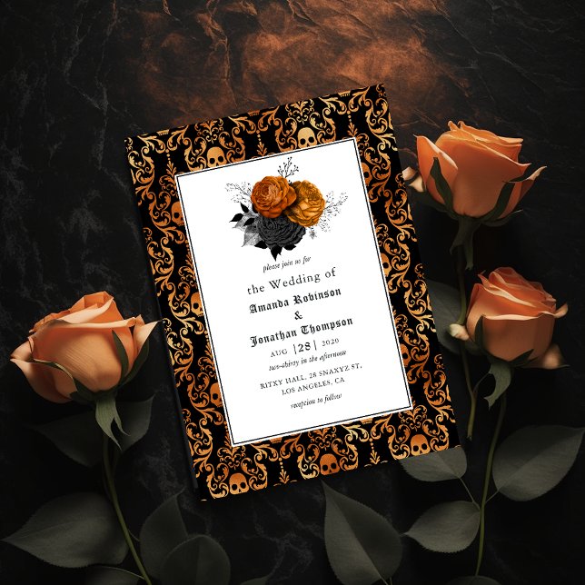 Black and Orange Floral Gothic Halloween Wedding Invitation (Creator Uploaded)