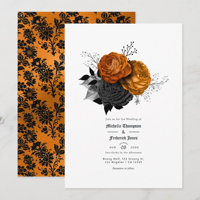 Black and Orange Floral Gothic Wedding Invitation (Front/Back)