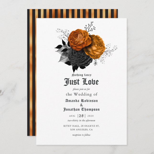 Black and Orange Floral Gothic Wedding Invitation (Front/Back)