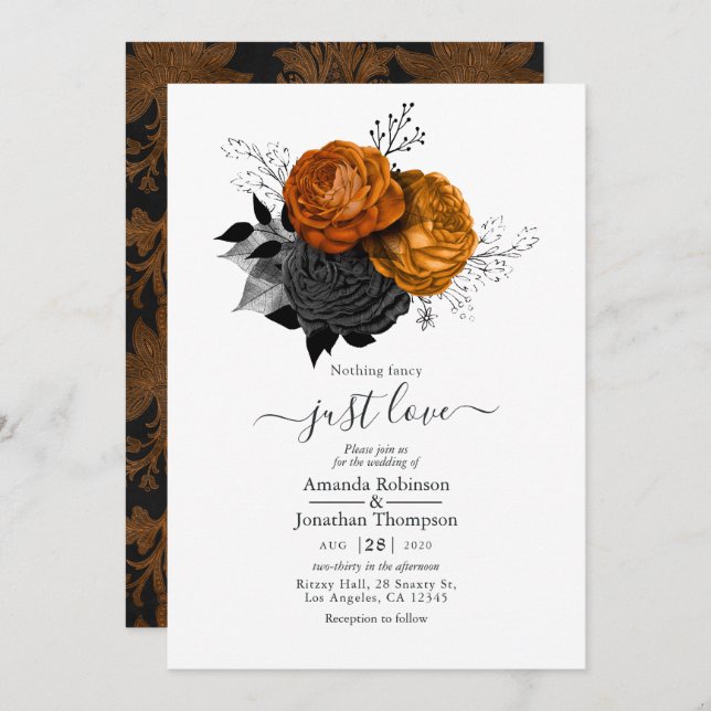 Black and Orange Floral Gothic Wedding Invitation (Front/Back)