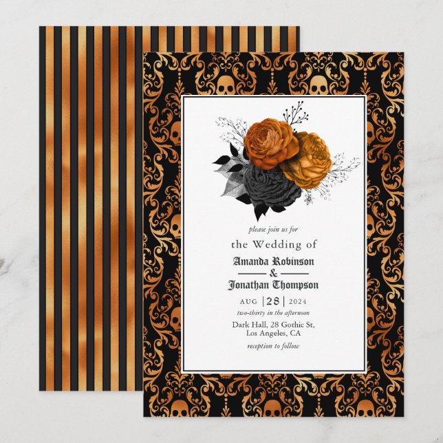 Black and Orange Floral Gothic Wedding Invitation (Front/Back)