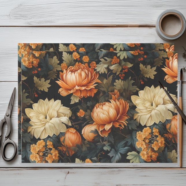 Black and Orange Floral Tissue Paper (Elegant Fall Floral Tissue Paper for Wrapping and Decoupage)