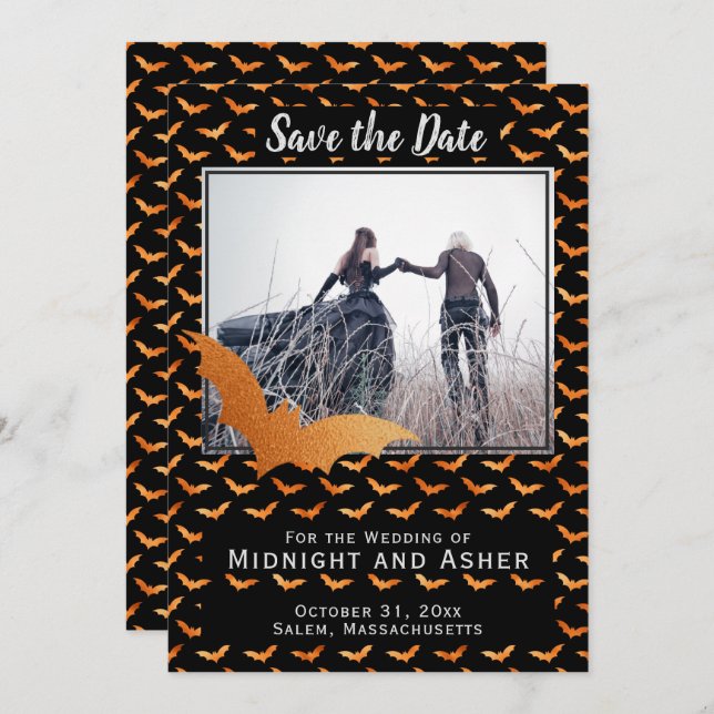 Black and Orange Foil Bat Halloween Wedding Save The Date (Front/Back)