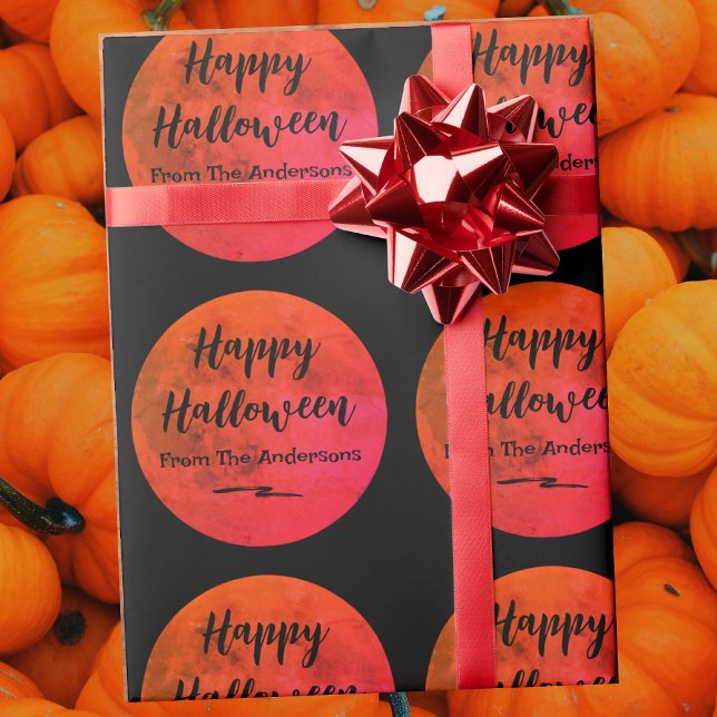 Black and Orange Full Moon Pattern Happy Halloween Wrapping Paper (Creator Uploaded)
