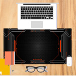 Black and orange geometric gaming background<br><div class="desc">Black and orange futuristic metallic texture,  cool modern geometric gaming background with green accents. Custom optional orange monogram.</div>