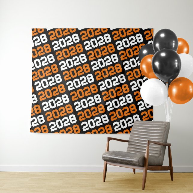 Black and Orange Graduation Backdrop Tapestry (Black and Orange Graduation Class Year Repeating Backdrop)